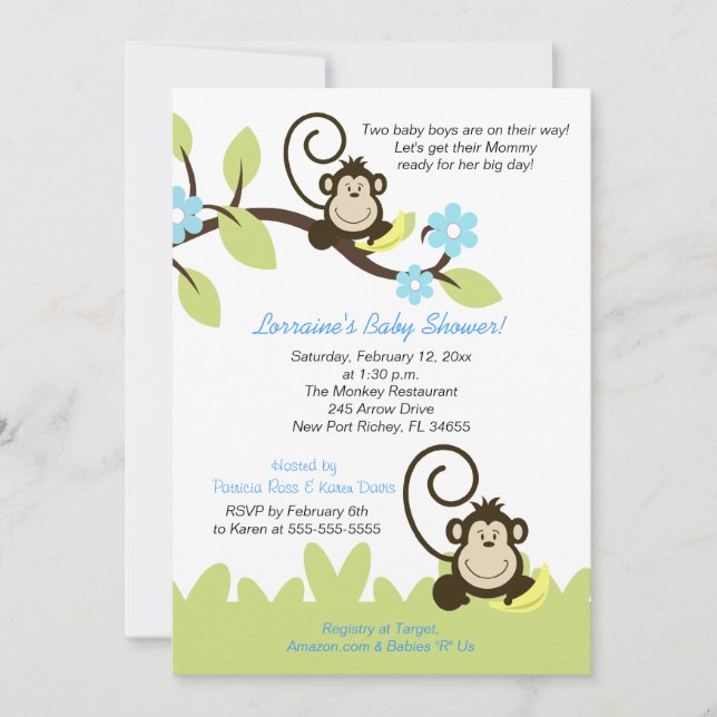 Invitación Baby Shower de dos monos (Tamaño 5x7) (Anverso)