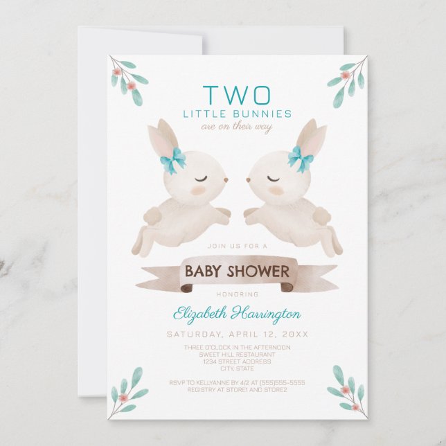 Invitación Baby Shower de dos pequeños conejitos gemelos (Anverso)