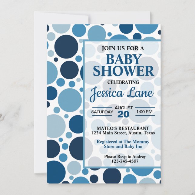 Invitación Baby Shower de dos puntos de polka azul (Anverso)