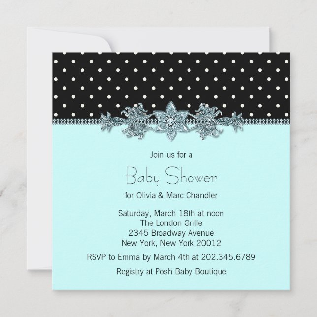 Invitación Baby Shower de dot al polka negro azul verde azula (Anverso)