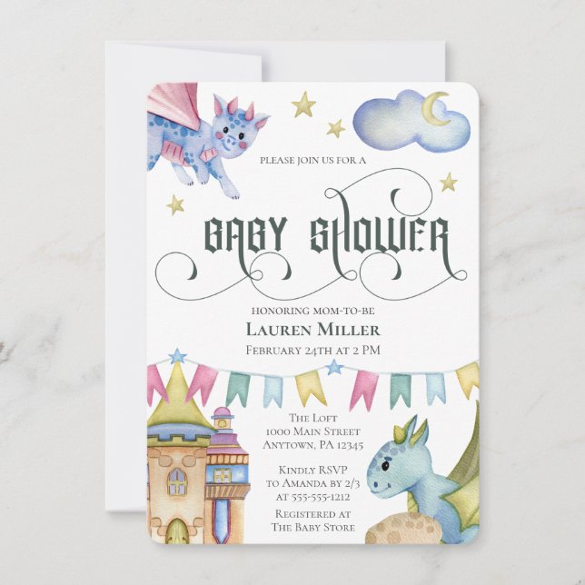 Invitación Baby Shower de Dragon de cuento de hadas mágicas (Anverso)