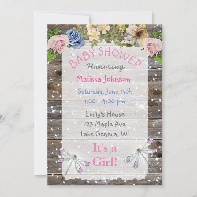 Invitación Baby Shower de Dragonflies, Flores y Esparkles (Anverso)