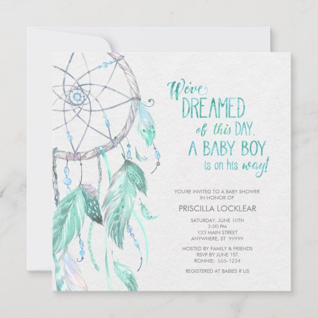 Invitación Baby Shower de Dreamcatcher Verde/Azul (Anverso)