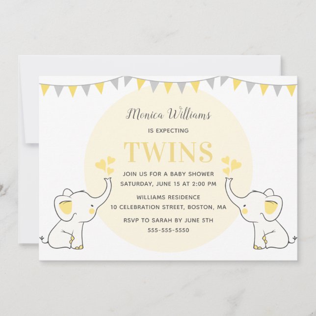 Invitación Baby Shower de elefante amarillo | Baby Shower de  (Anverso)