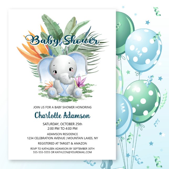 Invitación Baby Shower de elefante azul, bebé de la selva tro (Subido por el creador)