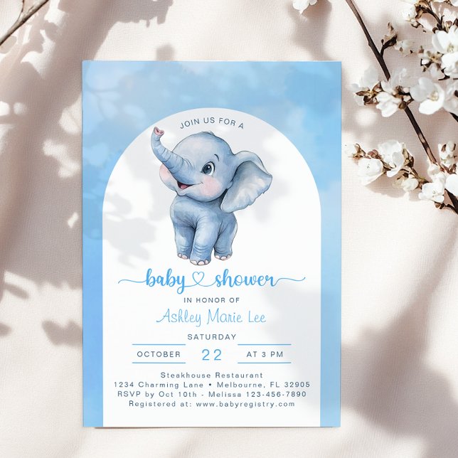 Invitación Baby Shower de Elefante Azul caprichosa (Blue Watercolor Baby Shower Invite)