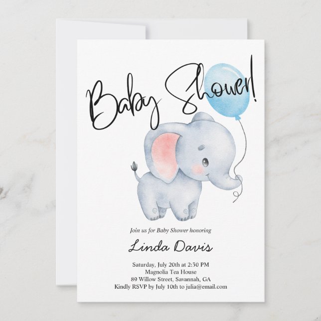 Invitación Baby Shower de elefante azul de bebé lindo (Anverso)
