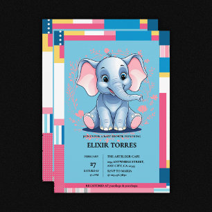 Invitación Baby Shower de Elefante Azul de la Selva Colorida