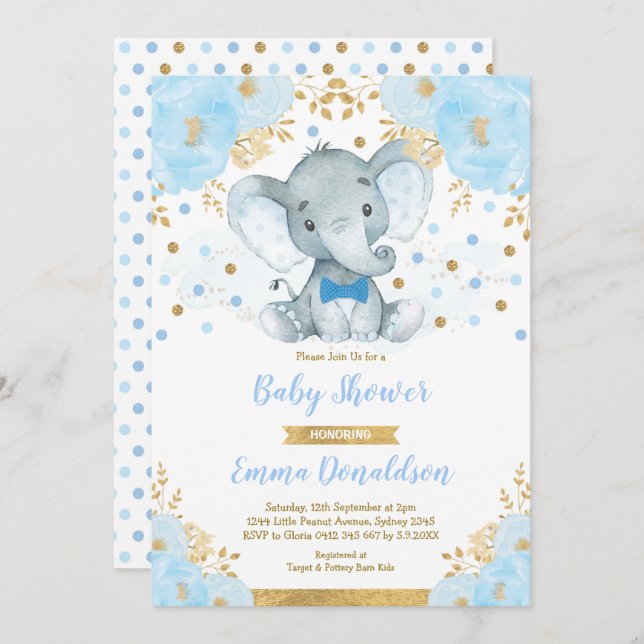 Invitación Baby Shower de elefante azul de oro para pequeño h (Anverso / Reverso)
