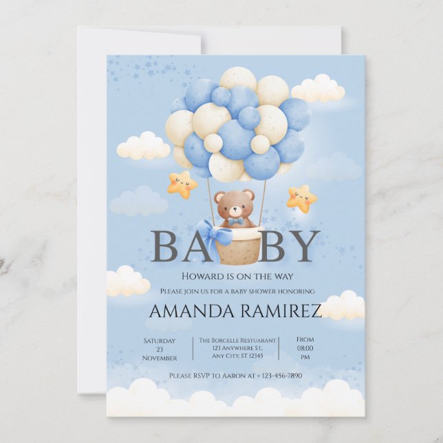 Invitación Baby Shower de elefante azul personalizado (Anverso)