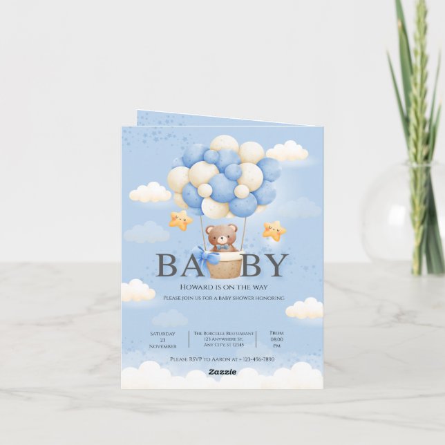 Invitación Baby Shower de elefante azul y crema personalizado (Reverso)