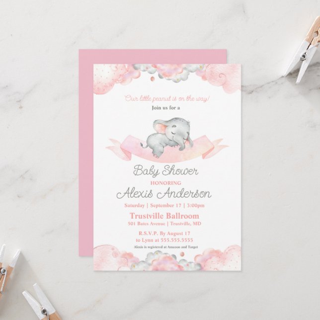 Invitación Baby Shower de Elefante Bebé Dormido Rosa (Anverso/Reverso In Situ)