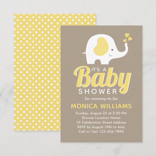 Invitación Baby Shower de elefante beige amarillo blanco mode (Anverso / Reverso)