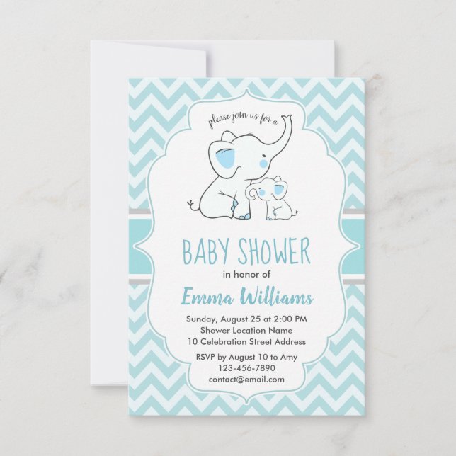 Invitación Baby Shower de elefante blanco azul moderno (Anverso)