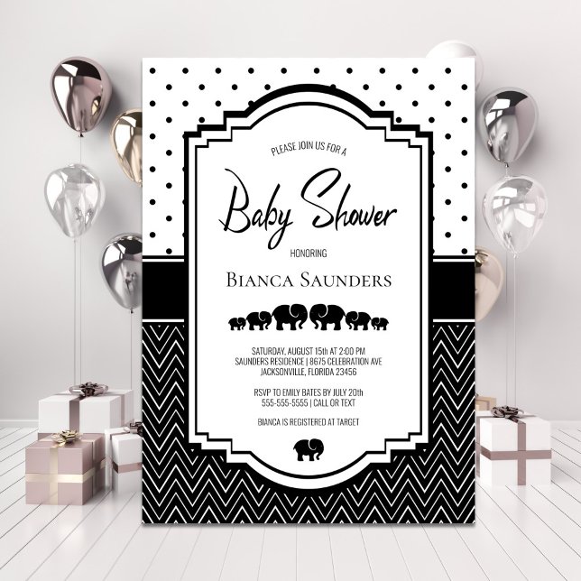 Invitación Baby Shower de Elefante Blanco Negro (Subido por el creador)