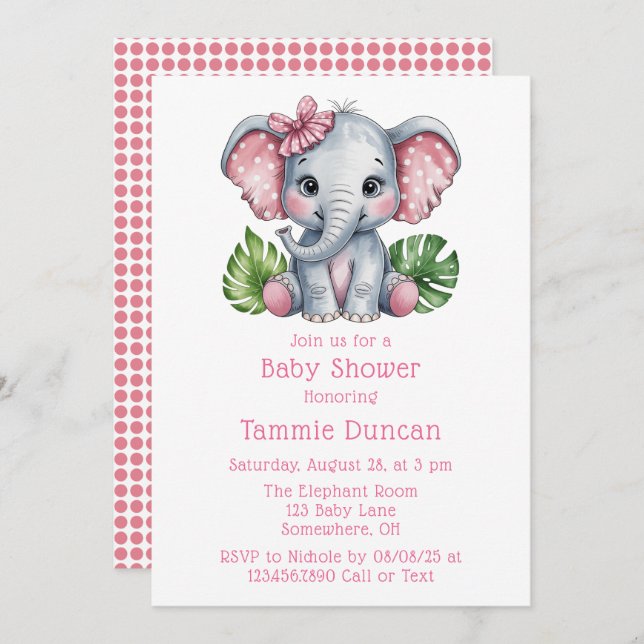 Invitación Baby Shower de elefante cúbico de pelo rosado (Anverso / Reverso)