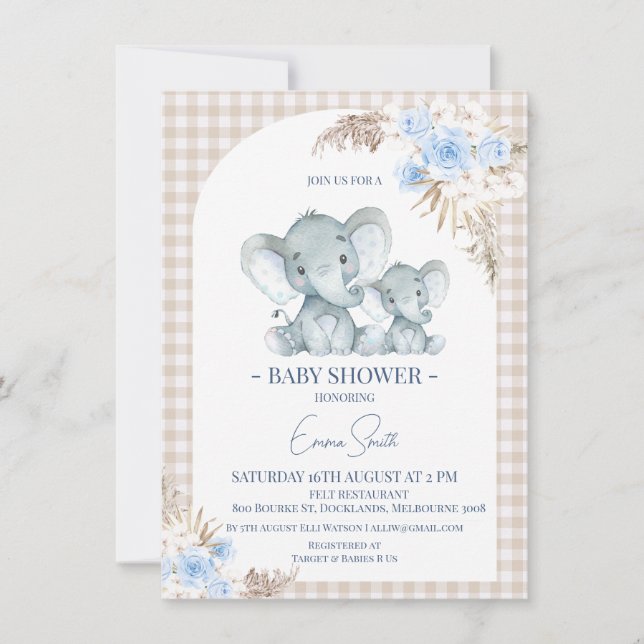 Invitación Baby Shower de Elefante de Arco Floral Azul (Anverso)