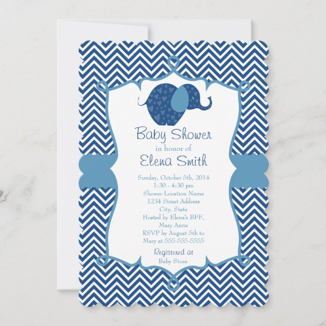 Invitación Baby Shower de Elefante de Chevron Azul (Anverso)
