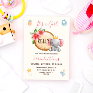 Invitación Baby Shower de Elefante de color de agua rosa