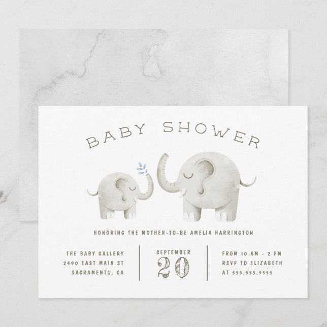 Invitación Baby Shower de elefante de color gris puro (Anverso / Reverso)
