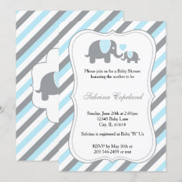 Invitación Baby Shower de elefante de franja azul y gris