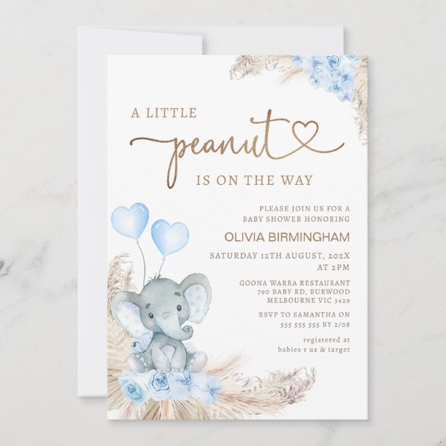 Invitación Baby Shower de Elefante de Maní Floral Blue Boho (Anverso)