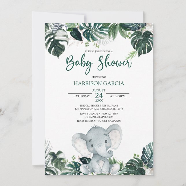 Invitación Baby Shower de Elefante de Niño Neutral de Género (Anverso)