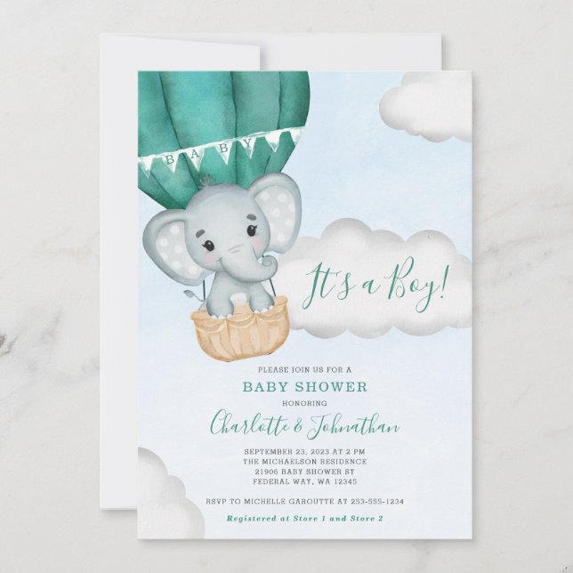 Invitación Baby Shower de elefante de niño verde azulado (Anverso)