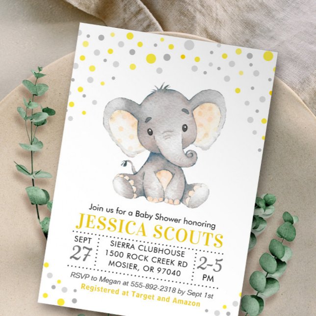 Invitación Baby Shower de elefante de punto neutro de polka a (Subido por el creador)