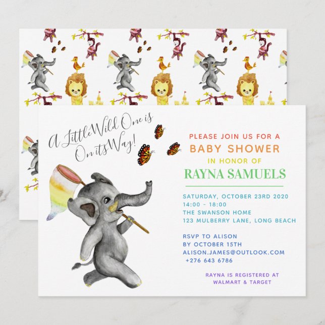 Invitación Baby Shower de elefante de Safari neutral de géner (Anverso / Reverso)