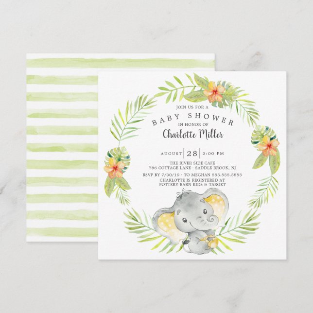 Invitación Baby Shower de elefante de selva neutral de género (Anverso / Reverso)