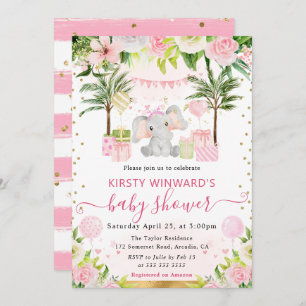 Invitación Baby Shower de elefante de selva rosada color de a