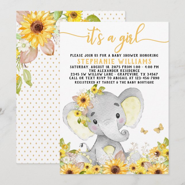 Invitación Baby Shower de Elefante de Sunflower (Anverso / Reverso)