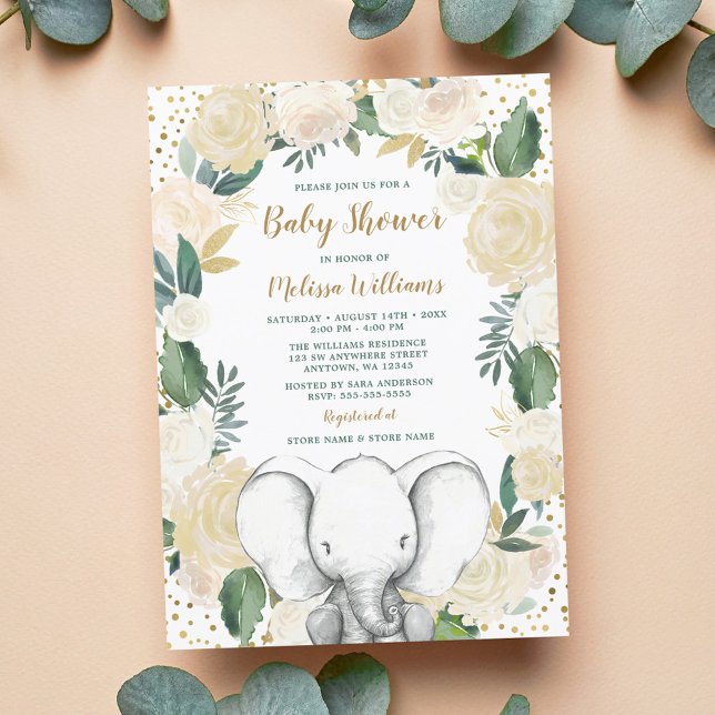 Invitación Baby Shower de elefante de verde de oro neutro de  (Subido por el creador)