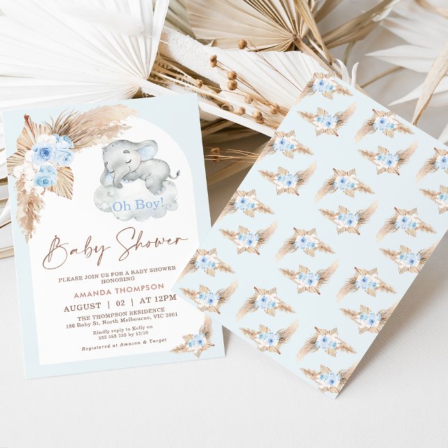 Invitación Baby Shower de Elefante Dormido del Arco Azul del  (Modern boy's elephant themed baby shower invitation with blue boho floral arrangement.)