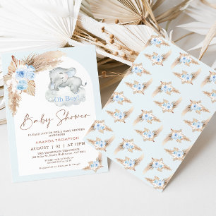 Invitación Baby Shower de Elefante Dormido del Arco Azul del 