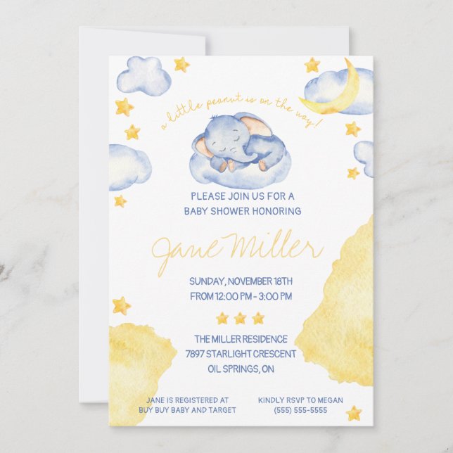 Invitación Baby Shower de elefante durmiente (Anverso)