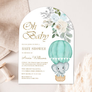 Invitación Baby Shower de elefante en globo aerostático Mint