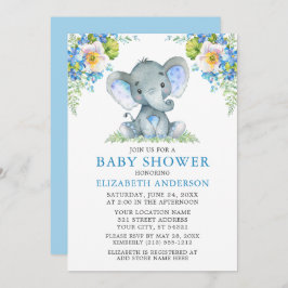 Invitación Baby Shower de Elefante Floral Azul de color de ag