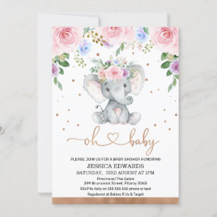 Invitación Baby Shower de Elefante Floral Azul Púrpura Rosa
