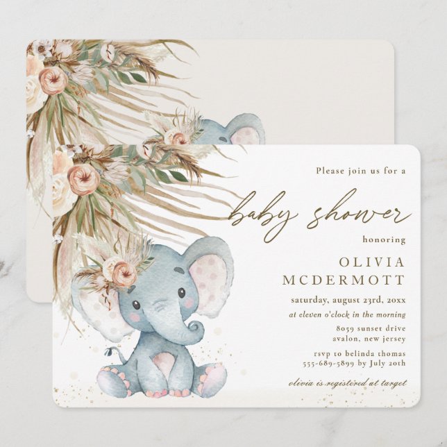 Invitación Baby Shower de Elefante Floral Boho Pampas (Anverso / Reverso)