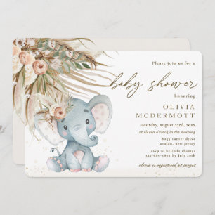 Invitación Baby Shower de Elefante Floral Boho Pampas 