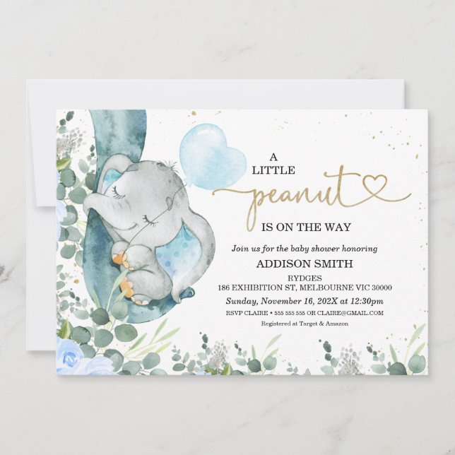 Invitación Baby Shower de elefante floral de cacahuete pequeñ (Anverso)