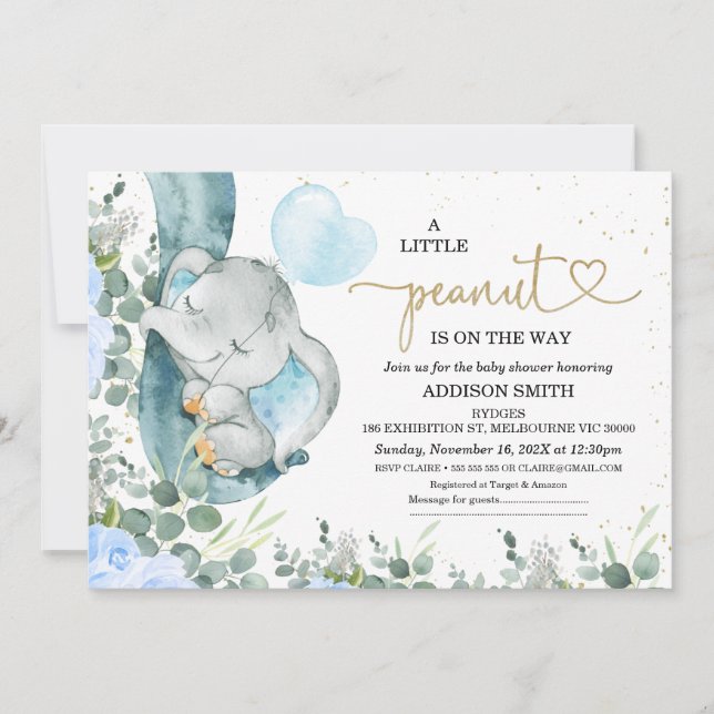 Invitación Baby Shower de elefante floral de cacahuete pequeñ (Anverso)