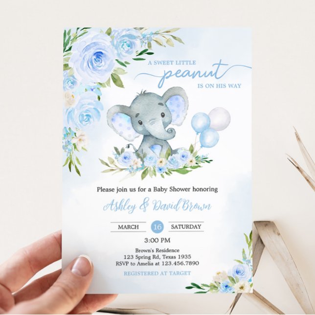 Invitación Baby Shower de elefante floral de globo azul (Boy Elephant Balloon Baby Shower Invitation)