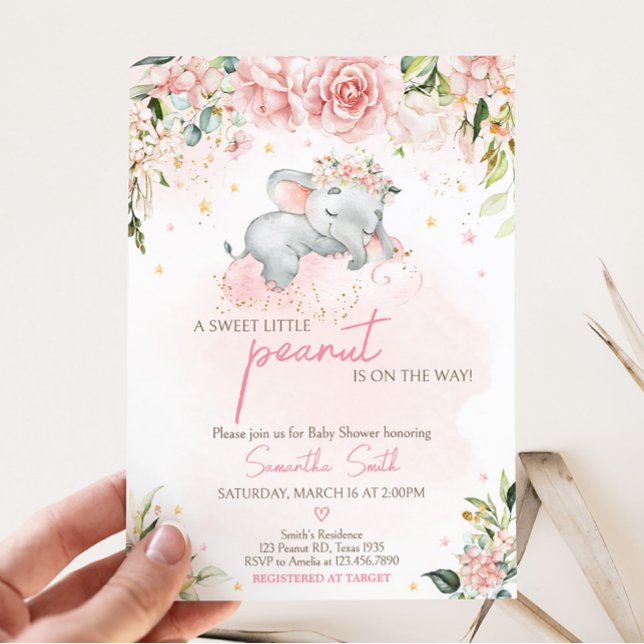 Invitación Baby Shower de Elefante Floral Rosa (Pink Floral Sleeping Elephant Baby Shower Invitation)