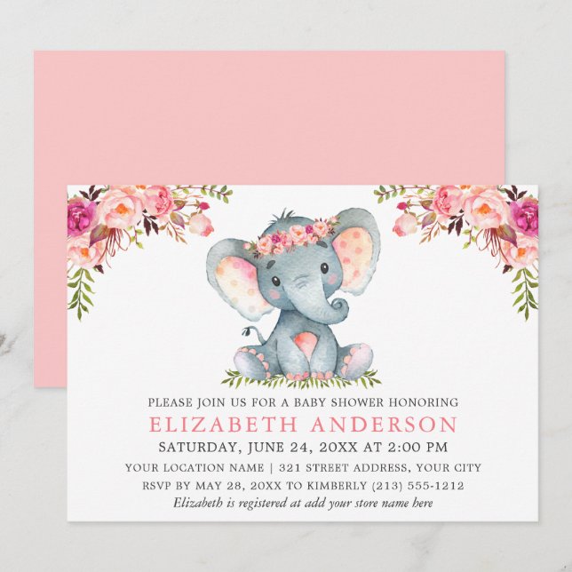 Invitación Baby Shower de elefante floral rosa acuarela (Anverso / Reverso)
