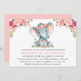 Invitación Baby Shower de elefante floral rosa acuarela