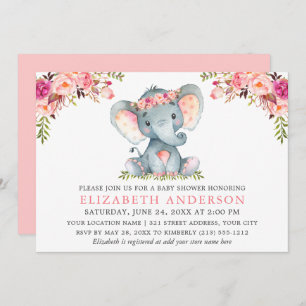 Invitación Baby Shower de elefante floral rosa acuarela