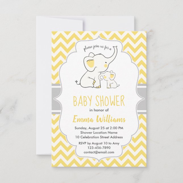 Invitación Baby Shower de elefante gris amarillo fresco (Anverso)